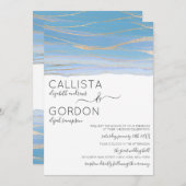 エレガントなゴールド スカイブルー ベイン ウォーターカラー ウェディング 招待状 (正面/裏面)