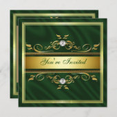エレガントなゴールド ダークグリーン シルク/サテン 招待状 テンプレート (正面/裏面)