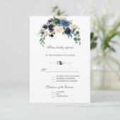 エレガントなゴールド ネイビーブルー ブラッシュ フラワーズ ブルーム 出欠カード (スタンド正面)