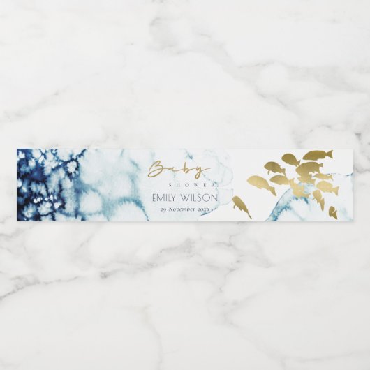 エレガントなゴールド ネイビー 水中の魚 ベビーシャワー ペットボトルラベル (シングルラベル)