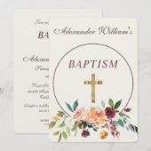 エレガントなゴールド バーガンディ フラワー ベビー クリスニング 招待状 (正面/裏面)