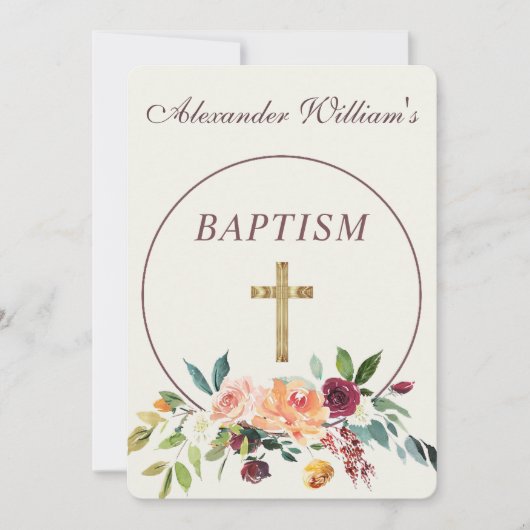 エレガントなゴールド バーガンディ フラワー ベビー クリスニング 招待状 (正面)