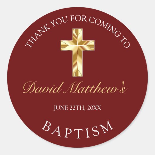 エレガントなゴールド バーガンディ ベビー 洗礼 お礼 ラウンドシール (正面)