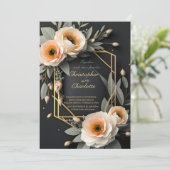 エレガントなゴールド バーガンディ レッド ブラック フローラル ウェディング 招待状 (スタンド正面)