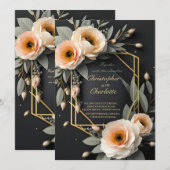 エレガントなゴールド バーガンディ レッド ブラック フローラル ウェディング 招待状 (正面/裏面)