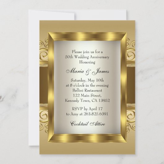 エレガントなゴールド&パール スワール フォト 50周年 招待状 (裏面)