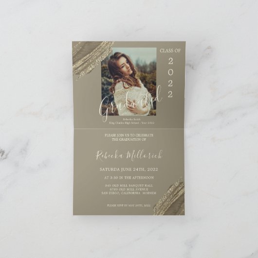 エレガントなゴールド ブラウン グリーン 卒業パーティーの写真 招待状 (内部)