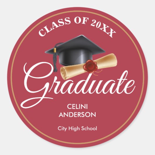 エレガントなゴールド＆ブラックの卒業ステッカー ラウンドシール (正面)