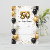 エレガントなゴールド&ブラックの風船 50歳の誕生日招待状 招待状 (スタンド正面)