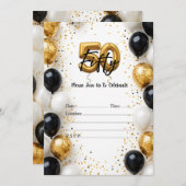 エレガントなゴールド&ブラックの風船 50歳の誕生日招待状 招待状 (正面/裏面)