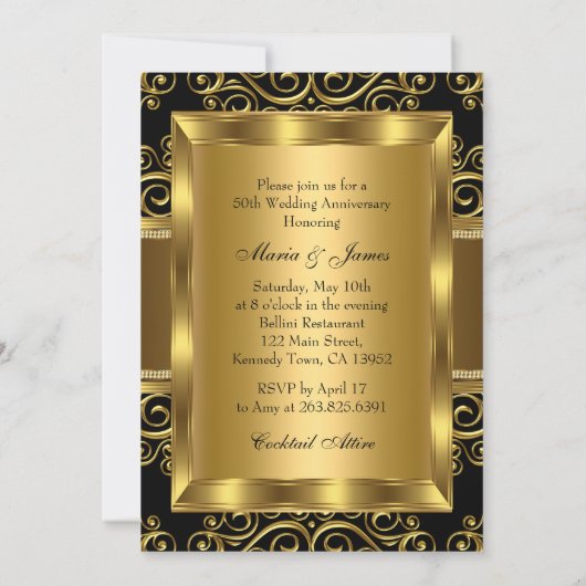 エレガントなゴールド&ブラック スワール フォト 50周年 招待状 (裏面)