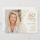 エレガントなゴールド ブラック フローラル フォト 60歳の誕生日 招待状 (正面)