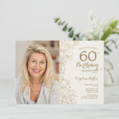 エレガントなゴールド ブラック フローラル フォト 60歳の誕生日 招待状 (スタンド正面)