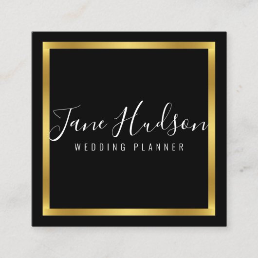 エレガントなゴールド ブラック ミニマル 編集可能な2.5x2.5 スクエア名刺 (正面)