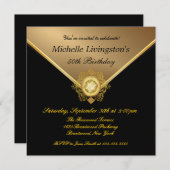 エレガントなゴールド ブラック ラインストーン 誕生日招待状 招待状 (正面/裏面)