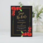 エレガントなゴールド ブラック レッド ローズ ウェディング セーブ・ザ・デート 招待状 (スタンド正面)
