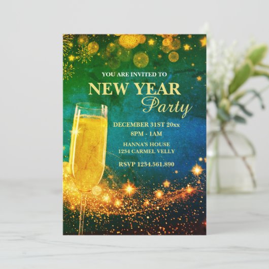 エレガントなゴールド&ブルーの新年パーティー 招待状 (スタンド正面)