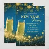 エレガントなゴールド＆ブルーの新年パーティー 招待状 (正面/裏面)