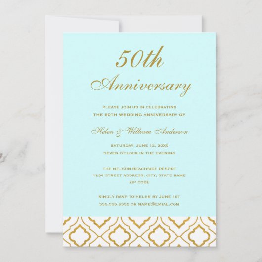 エレガントなゴールド＆ブルーの50周年結婚記念日 招待状 (正面)
