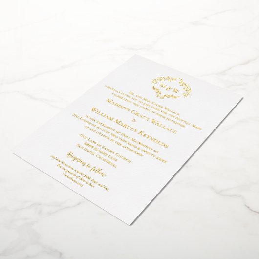 エレガントなゴールド＆ホワイトのクレスト 現代カトリックウェディング 箔招待状 (回転した状態)