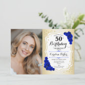 エレガントなゴールド ホワイト ロイヤルブルー フォト 50歳の誕生日 招待状 (スタンド正面)
