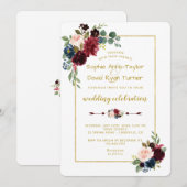 エレガントなゴールド メルロット ネイビーブルー フラワーの結婚式 招待状 (正面/裏面)