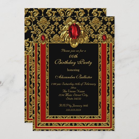 エレガントなゴールド モロッカンスタイル 赤い宝石の誕生日パーティー 招待状 (正面/裏面)