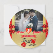 エレガントなゴールド&レッドリボン カスタムフォト ウェディング セーブザデート (正面)