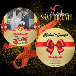 エレガントなゴールド&レッドリボン カスタムフォト ウェディング セーブザデート
