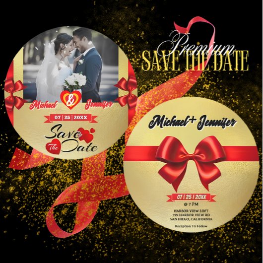エレガントなゴールド&レッドリボン カスタムフォト ウェディング セーブザデート