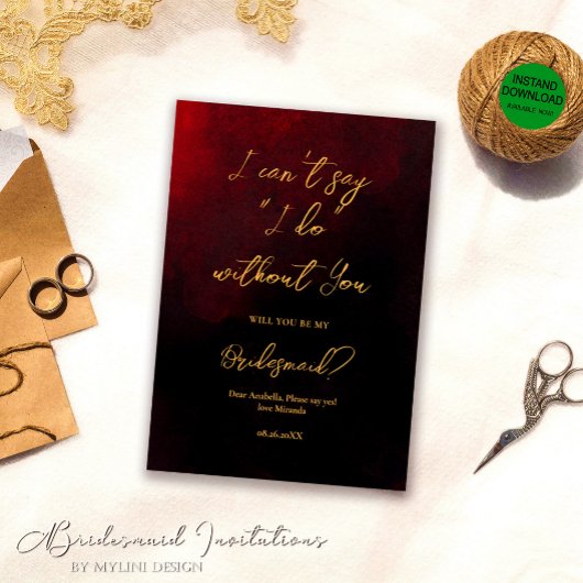 エレガントなゴールド レッド ブラックのブライズメイド 招待状