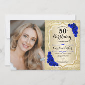 エレガントなゴールド ロイヤルブルーのバラの写真 50歳の誕生日 招待状 (正面)