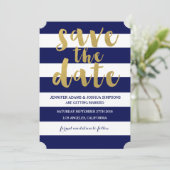 エレガントなゴールド | 存在感のあるブルーのストライプでSave the Date 招待状 (スタンド正面)