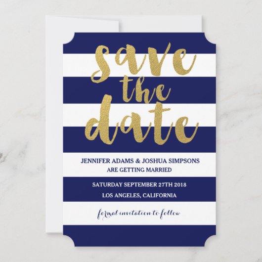 エレガントなゴールド | 存在感のあるブルーのストライプでSave the Date 招待状 (正面)