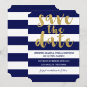 エレガントなゴールド | 存在感のあるブルーのストライプでSave the Date 招待状 (正面/裏面)