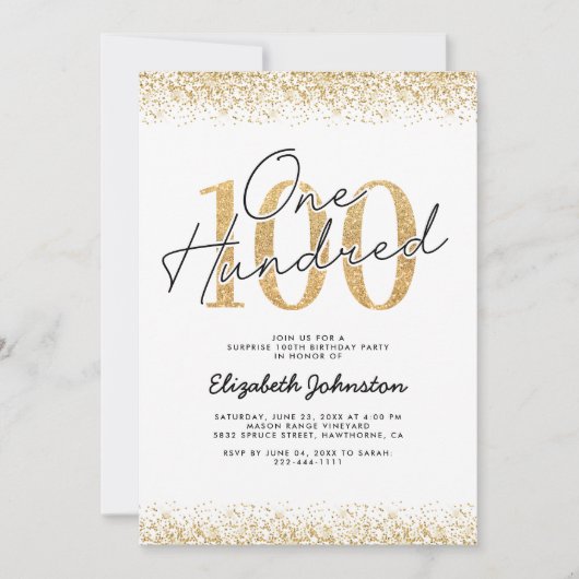 エレガントなゴールド 100歳の誕生日パーティー 招待状 (正面)