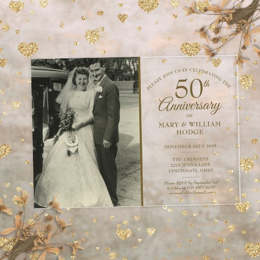エレガントなゴールド 50周年 結婚記念写真 アクリル招待状