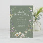 エレガントなサググリーンのワイルドフラワー90歳誕生日パーティー 招待状 (スタンド正面)