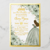 エレガントなサググリーンの花のプリンセス ゴールドのキンセアニエラ 箔招待状 (正面)
