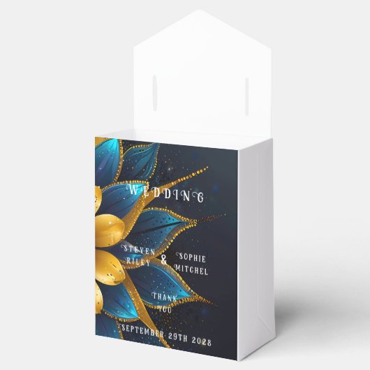 エレガントなサファイアとゴールドのフラワーのウェディング フェイバーボックス (オープン)