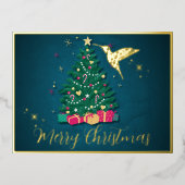 エレガントなサファイアのハummingbird＆クリスマスツリー 箔シーズンポストカード (正面)