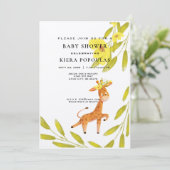 エレガントなサファリ キリン ピンク フラワー ベイビー シャワー 招待状 (スタンド正面)