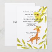 エレガントなサファリ キリン ピンク フラワー ベイビー シャワー 招待状 (正面/裏面)