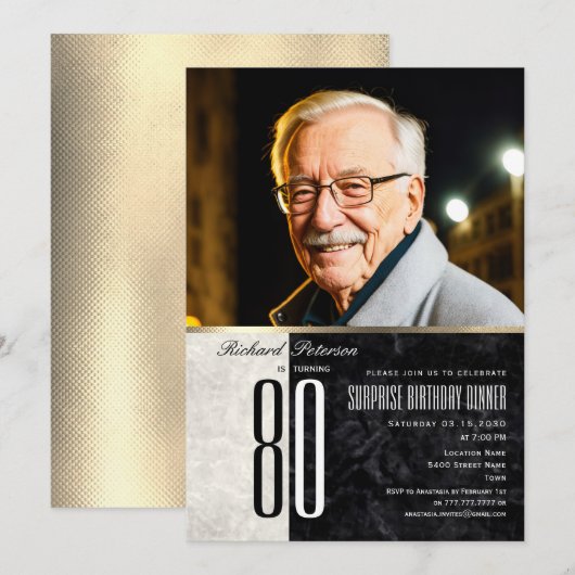 エレガントなサプライズ ゴールド 80歳の誕生日写真 招待状 (正面/裏面)