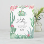 エレガントなサボテンとピンクの花のガーデンパーティ 招待状 (スタンド正面)