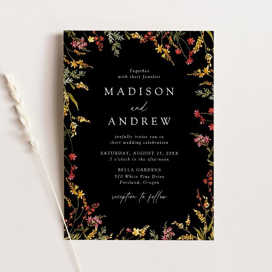 エレガントなサマー ワイルドフラワー フレーム ブラック ウェディング 招待状