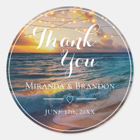 エレガントなサンセットビーチ夏の結婚式ありがとうクラス ラウンドシール (正面)