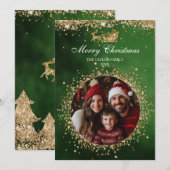 エレガントなサンタ ゴールドグリッター クリスマスツリー フォト 招待状 (正面/裏面)