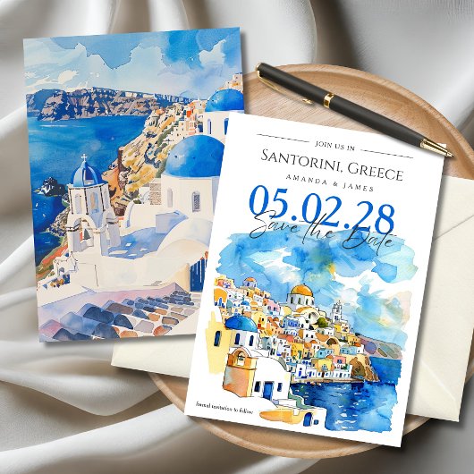 エレガントなサントリーニ　水彩画ウェディング　結婚式のご案内 招待状
