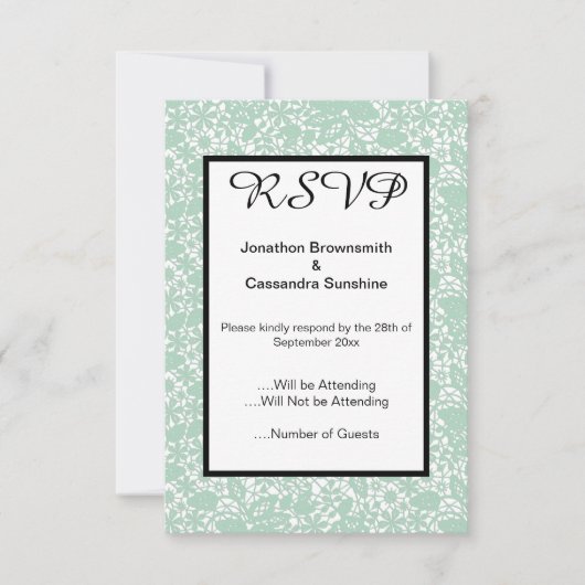 エレガントなサージグリーンのレースの返信カード 招待状 (正面)